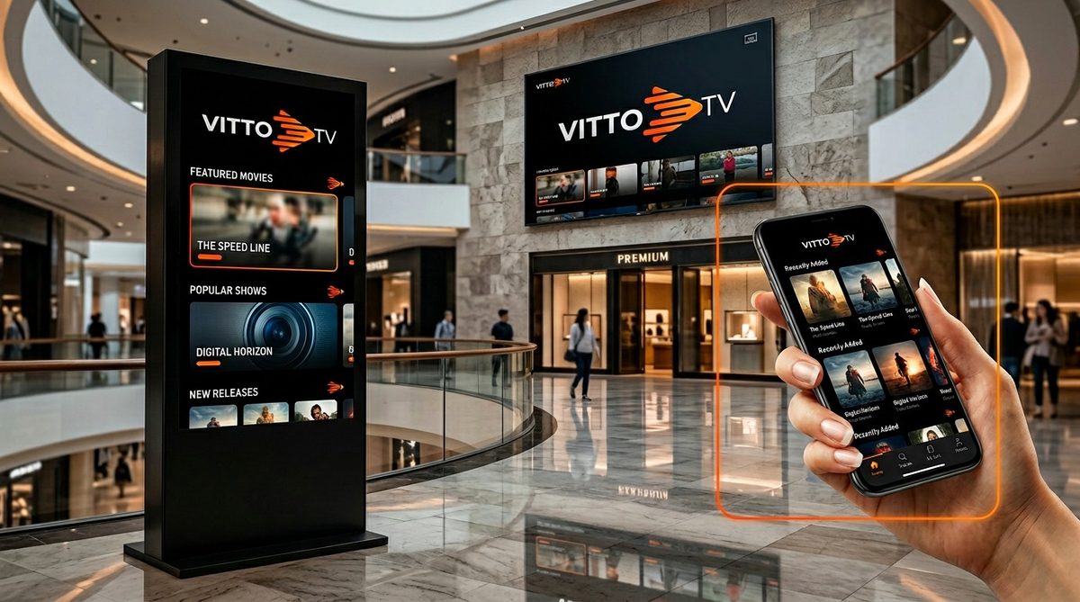 Totem digital, TV de loja e aplicativo mobile exibindo Vitto.Tv