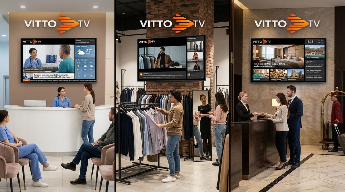 Clínica, loja e hotel com TVs exibindo Vitto.Tv em diferentes ambientes